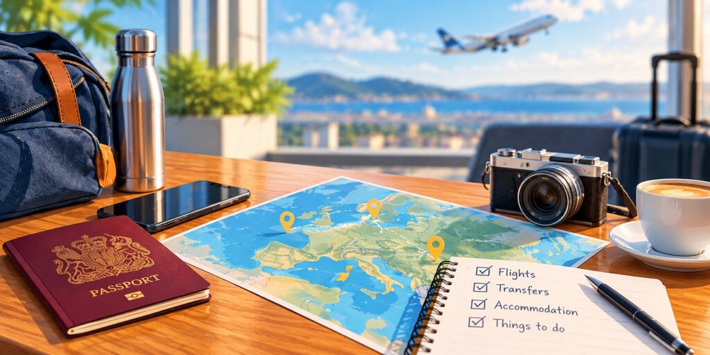 Illustration of planning an extreme day trip from Liverpool Bradford Airport with flights, transfers, travel documents and timings.