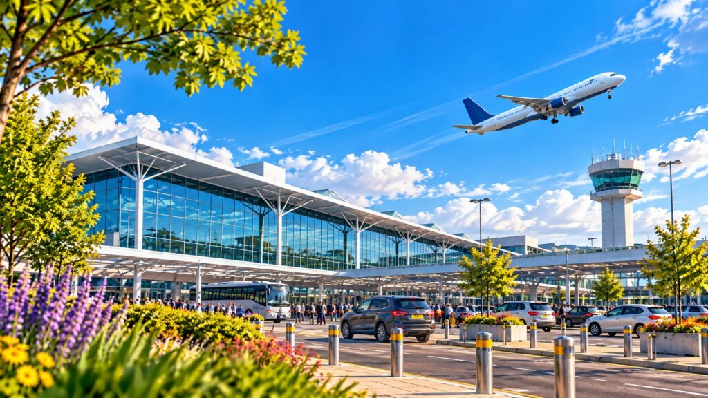 Representative image of Manchester Airport showing the terminal, control tower and a passenger aircraft taking off.