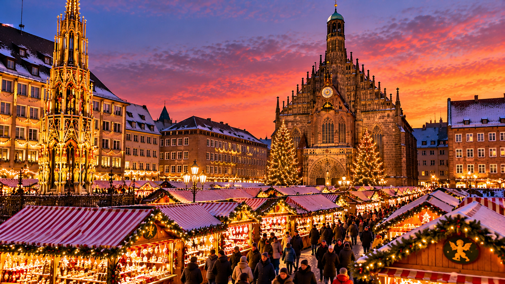 Nuremberg Christmas Market in Hauptmarkt illustration with red and white market stalls, Frauenkirche, Schöner Brunnen and festive lights at dusk