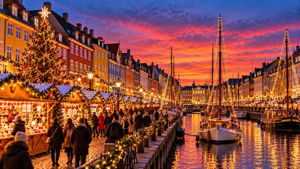 Copenhagen Christmas market beside Nyhavn with colourful historic buildings, festive stalls, Christmas tree and illuminated boats at dusk