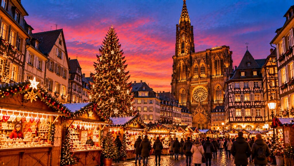 Strasbourg Christmas Market with Strasbourg Cathedral, festive stalls, Christmas tree and historic buildings illuminated at dusk