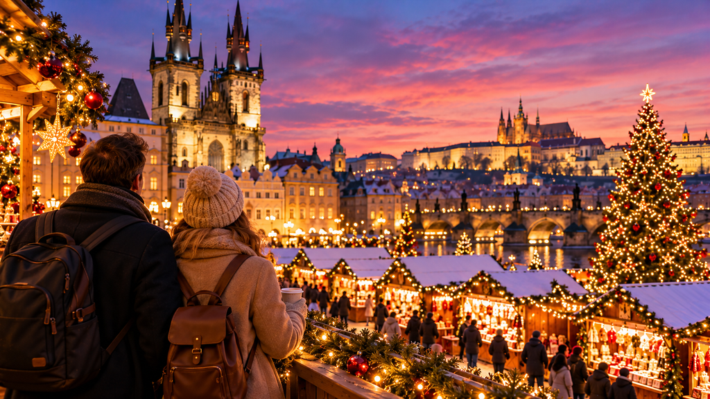 `Couple overlooking a European Christmas market at dusk with festive stalls, Christmas lights and historic city buildings`