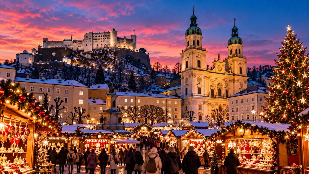 Salzburg Christmas Market with Salzburg Cathedral and Hohensalzburg Fortress illuminated at dusk