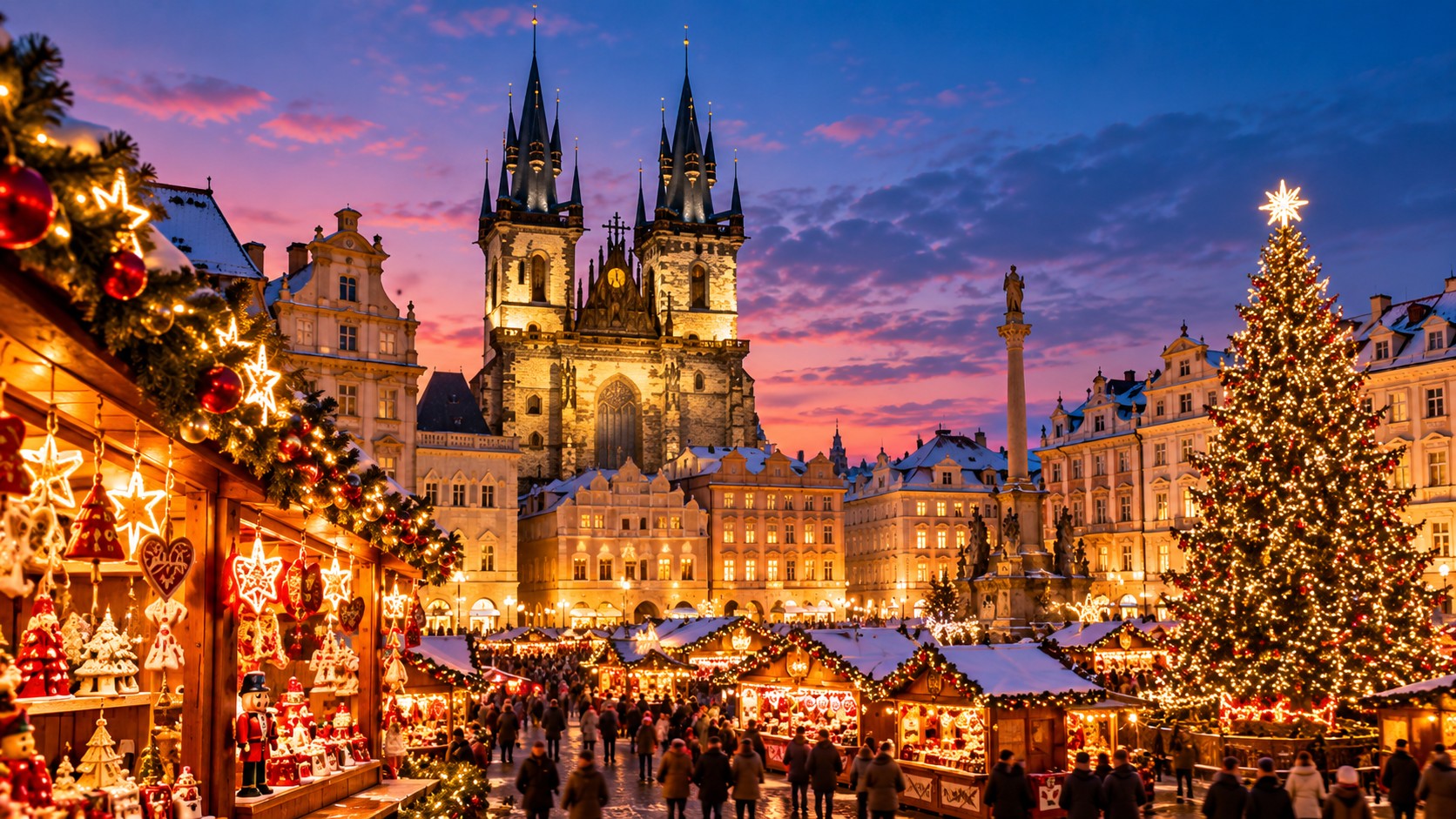 Prague Christmas Market in Old Town Square with illuminated Church of Our Lady before Týn, festive stalls and Christmas tree at dusk