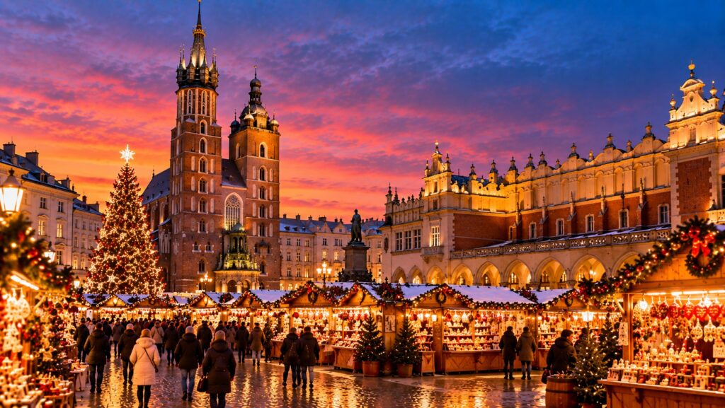 Kraków Christmas Market in Rynek Główny with St Mary’s Basilica, the Cloth Hall, festive stalls and Christmas tree at dusk