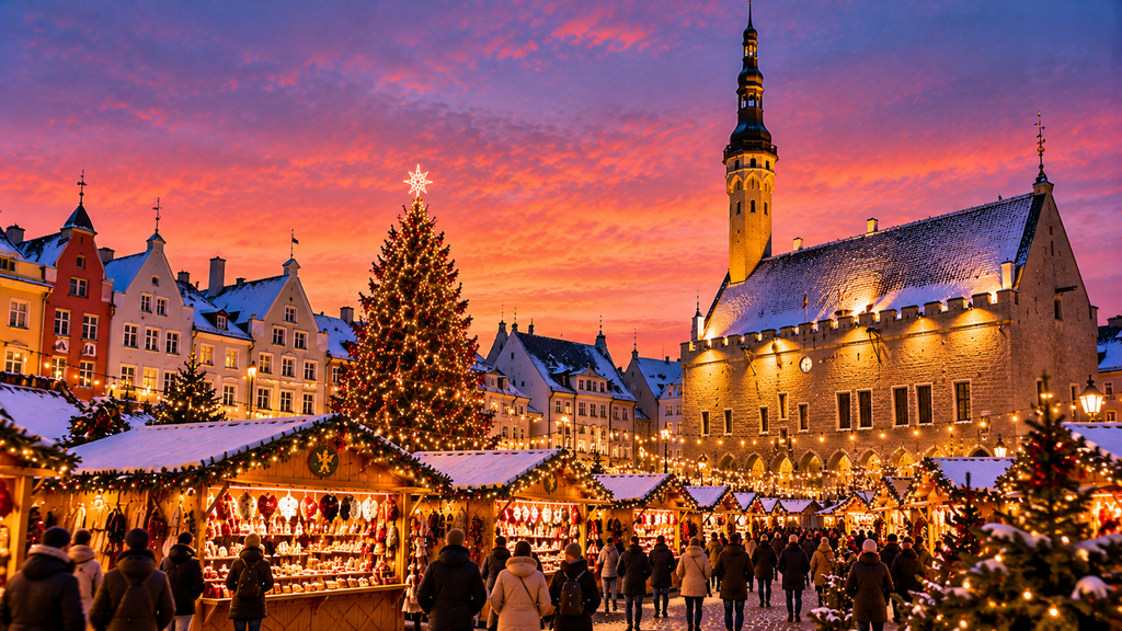 Tallinn Christmas Market in Town Hall Square with festive stalls, Christmas tree and Tallinn Town Hall illuminated at dusk