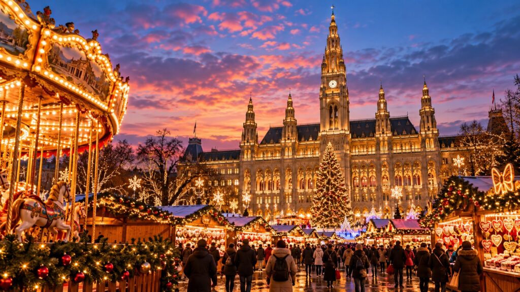 Vienna Christmas Market at Rathausplatz with illuminated City Hall, festive stalls and Christmas tree at dusk