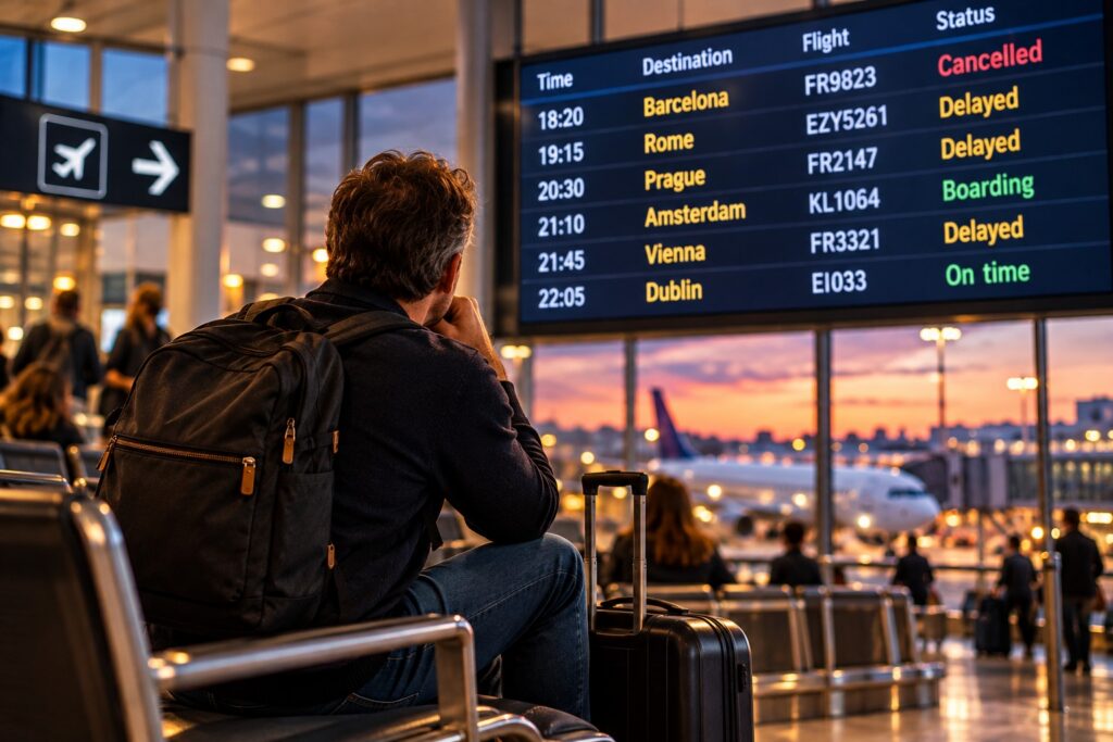 Traveller at an airport checking a departures board showing delayed and cancelled evening flights.